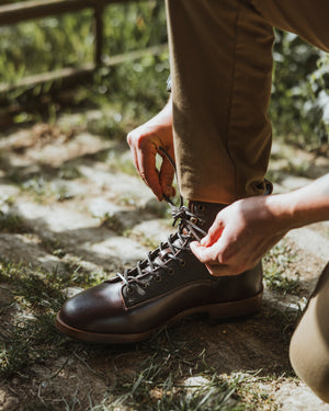 A brand new pair of Bear&Wolf Brae Boots being put on whilst out in the Cotswolds.
