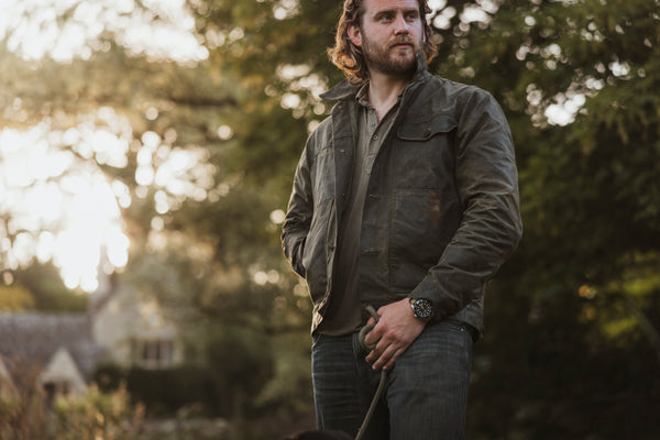 Bear&Wolf founder Jake Green modelling the stac in kelp green on a photoshoot in the cotswolds.