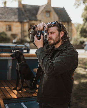 Bear&Wolf founder Jake Green modelling the stac in kelp green on a photoshoot in the cotswolds.