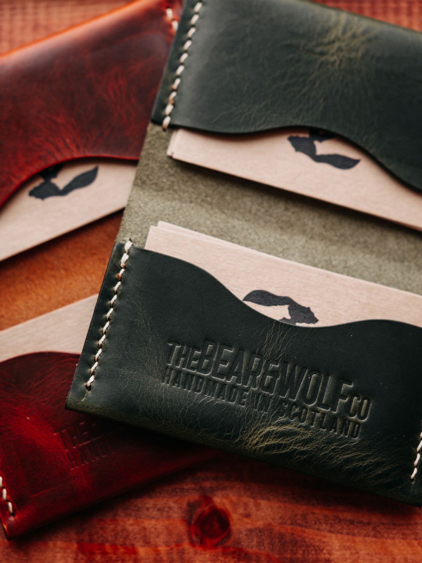 Bear&Wolf Kit - Two Leather Cardholders in Moss and Rust.
