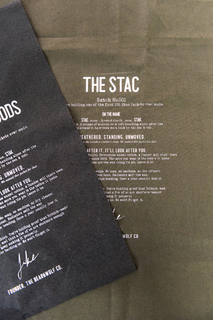 A close up of the inner Batch No.001 print for a stac set out on a table ready to be stitched into the jacket. 