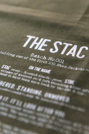 An extreme close up of the inner Batch No.001 print for a stac set out on a table ready to be stitched into the jacket. 