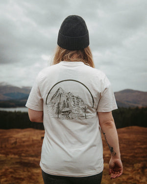 Bear&Wolf Organic Cotton Tee modelled in Glencoe, Scotland showing the artwork print on the back by Jack Spowart.