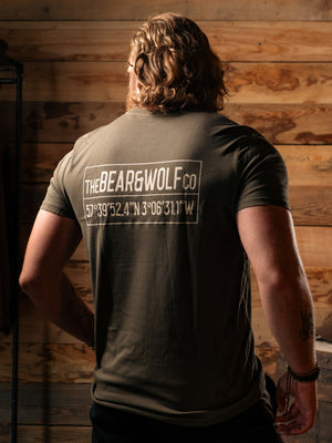 Man wearing Bear&Wolf organic cotton coordinate tee in Forest, back view