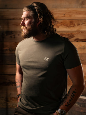 Man wearing Bear&Wolf organic cotton coordinate tee in Forest, front view