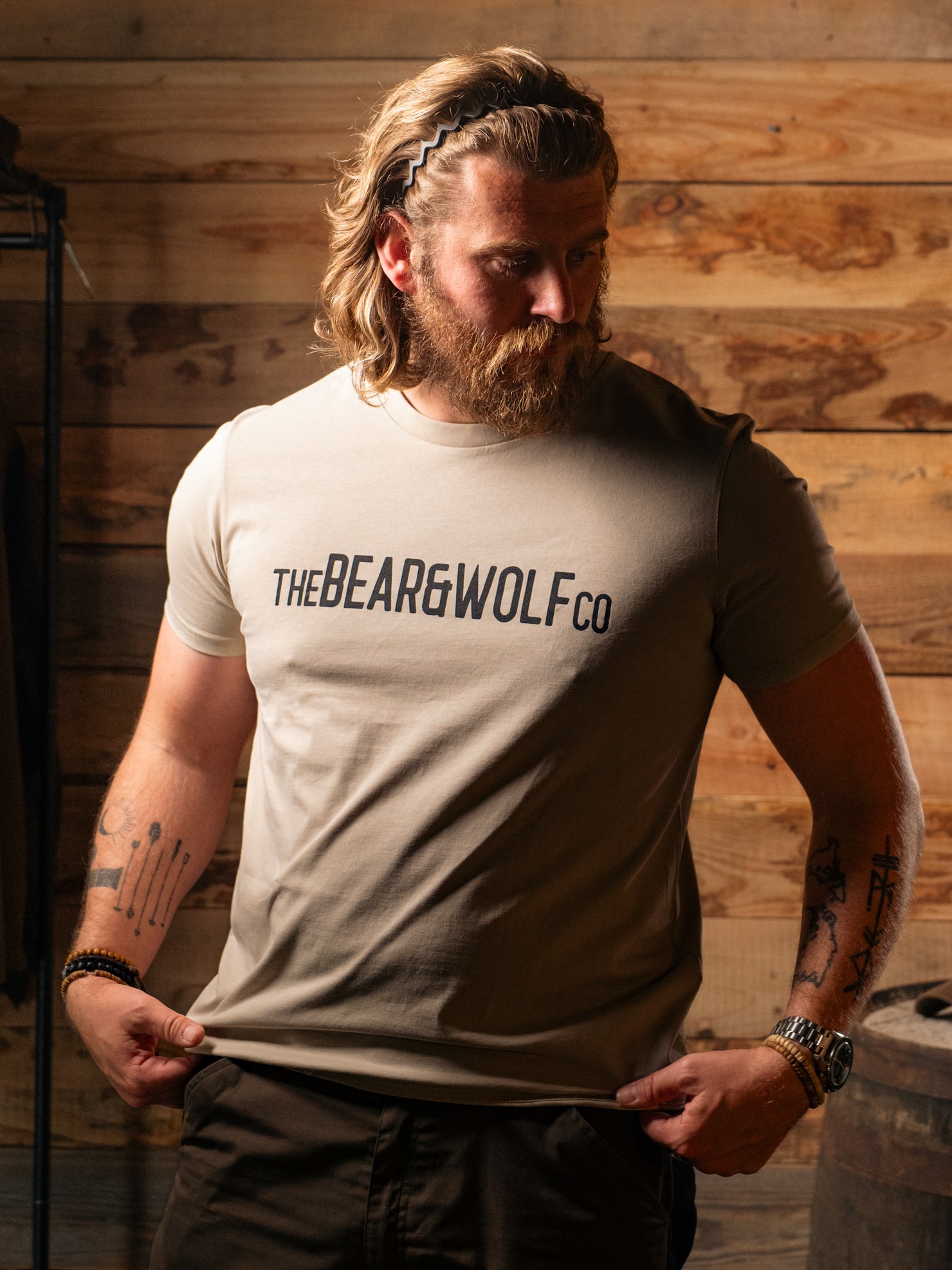 Man wearing Bear&Wolf organic cotton logo tee in Bone, front view