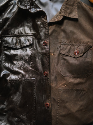 Overhead comparison of a Cairn Overshirt with Old Faithful No.01 wax treatment freshly applied to the left side and the right side still untreated, before removing excess wax.