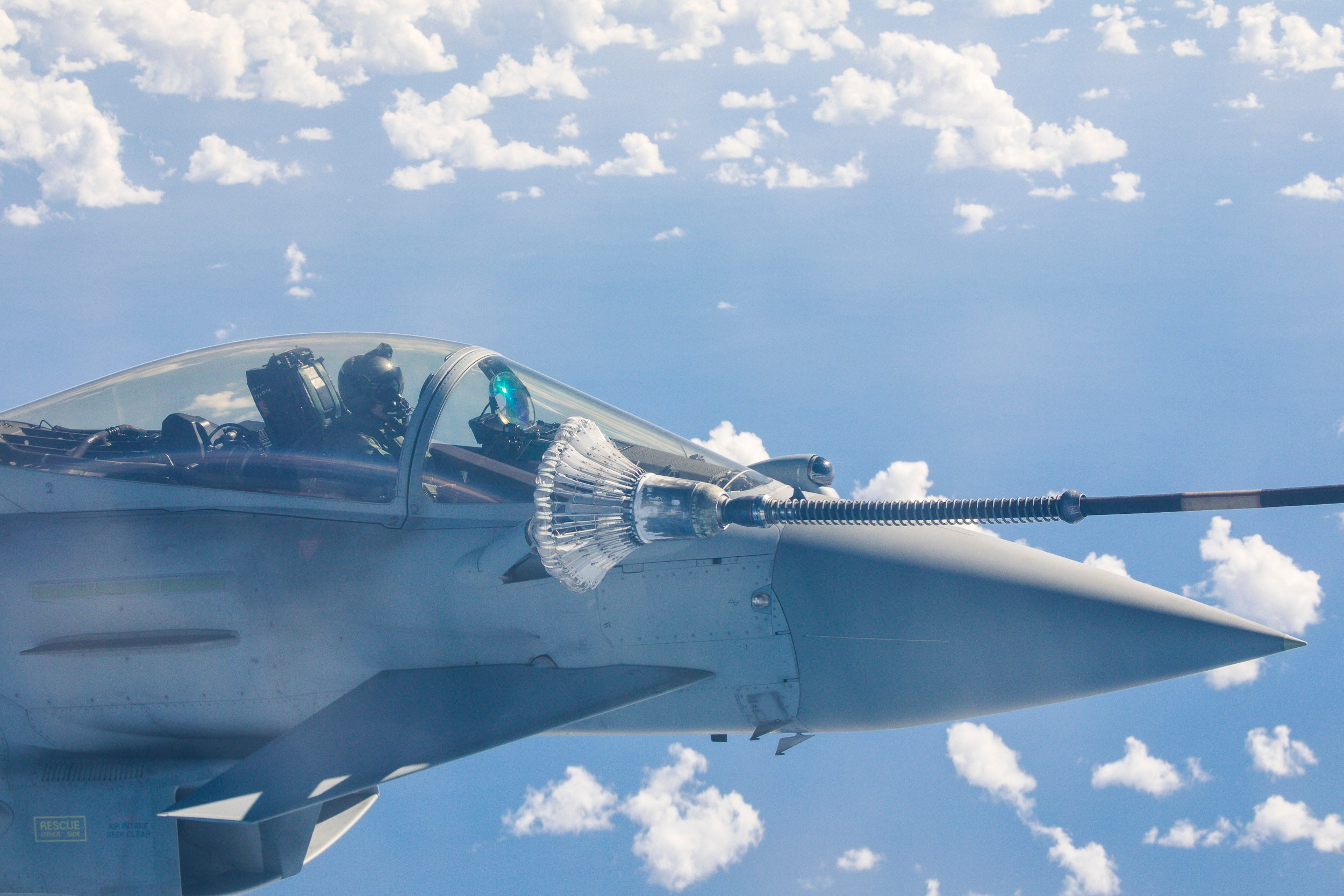 RAF Typhoon fighter jet photographed air-to-air above Cyprus during operations from RAF Akrotiri